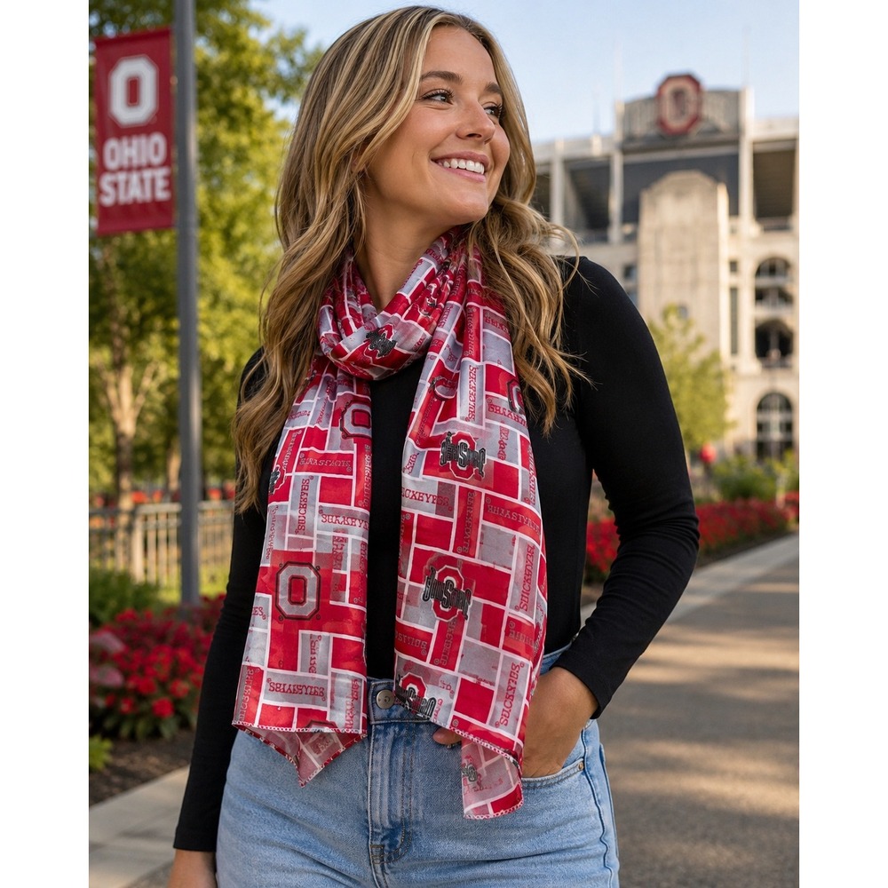 Ohio State Buckeyes Scarf 60" Red Gray OSU Football Satin Lightweight Game Day